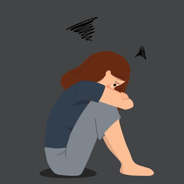 Crying and depressed girl while hugging her knees illustration