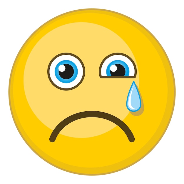 Crying emoji. Sad round yellow face with tear dropping isolated on white background