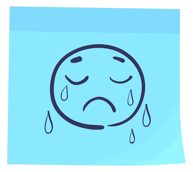Vettore faccia piangente doodle su adesivo blu scheda colore emozione