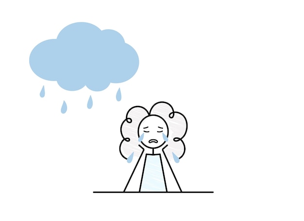 Crying girl character and raining cloud bad mood sadness longing concept doodle black line simple vector illustration sketch