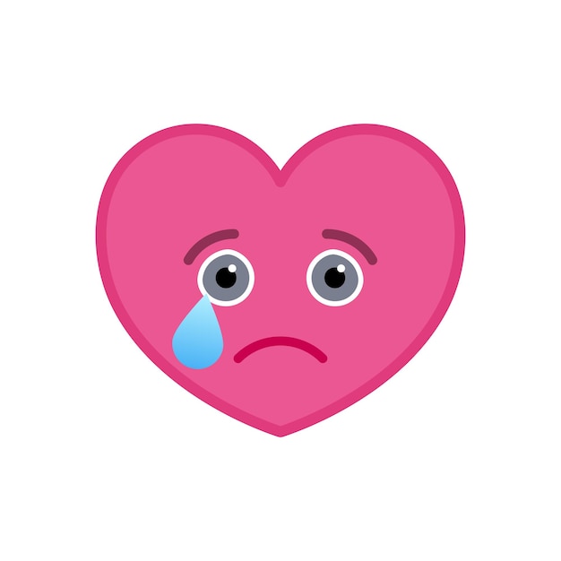 Crying heart shaped funny emoticon icon Melancholy pink emoji symbol Social communication and online chatting vector element Tragic face showing facial emotion Valentine s day mascot in flat style