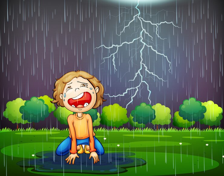 वेक्टर a crying kid lost in the wood rain