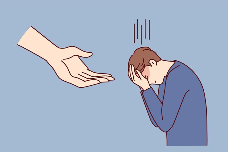 Vector 우는 남자는 하늘 벡터 이미지에 매달린 거대한 손 근처에 서 있는 동안 고개를 숙이는 얼굴을 덮고 있습니다.