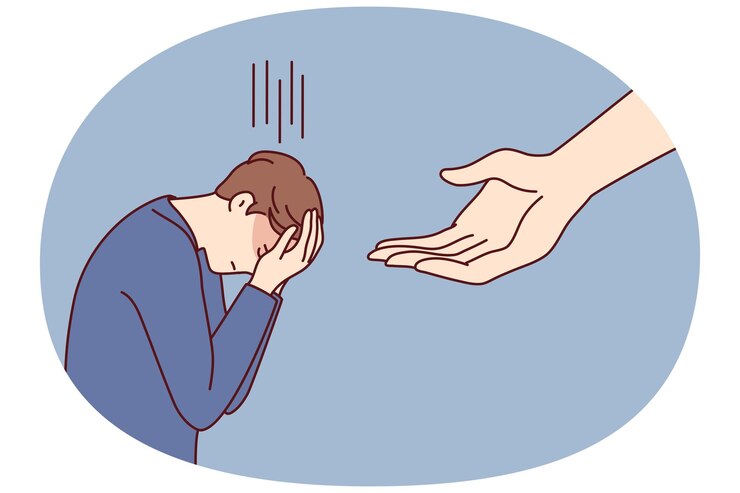 Vector 하늘  ⁇ 터 이미지에서 매달린 거대한 손 근처에 서 있는 동안 울고 있는 남자가 얼굴을  ⁇ 히고 머리를 숙이고 있습니다.