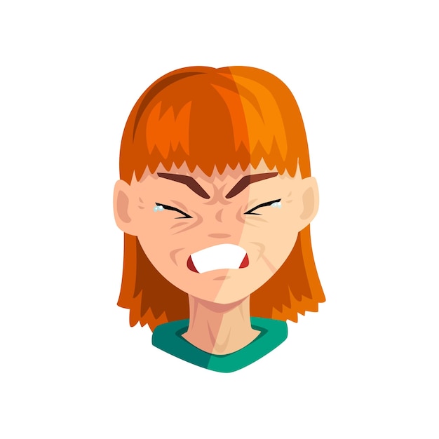 Crying redhead girl female emotional face avatar with facial expression vector Illustration on a white background