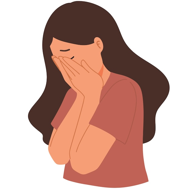 Vector crying and sad woman covering face with hands illustration