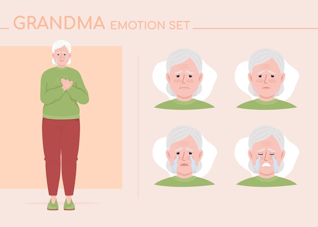 Crying senior woman semi flat color character emotions set