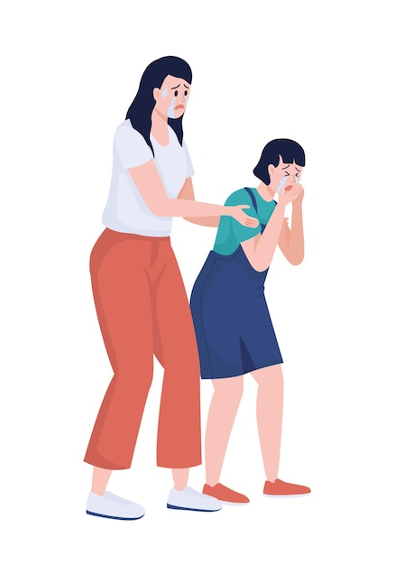 Crying woman embracing girl shoulders semi flat color vector characters