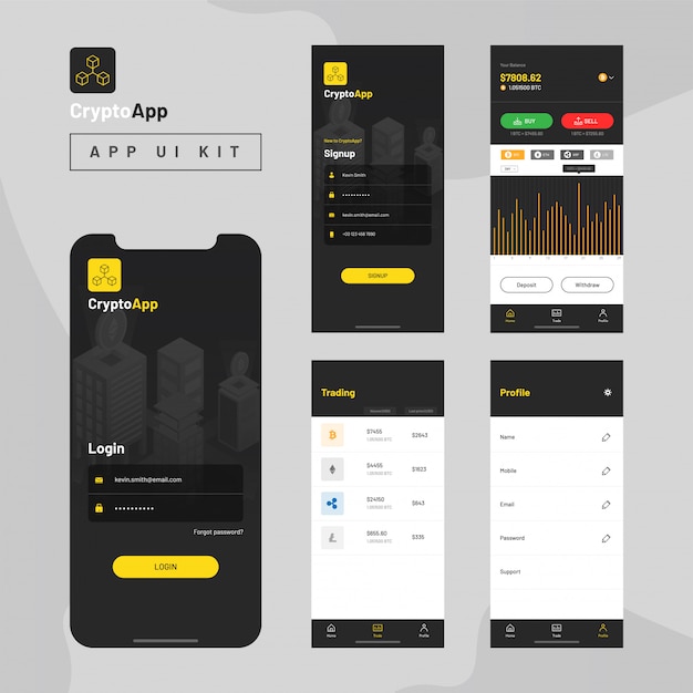 Vector crypto app ui kit for responsive mobile app.