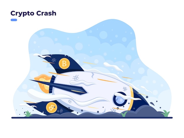 Crypto Crash 벡터 평면 일러스트레이션 개념은 비트코인 로켓이 땅에 떨어지는 비트코인 시장 충돌 또는 감가상각 가격 붕괴 및 암호화 투자 시 막대한 손실