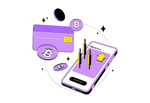 Vector crypto-creditcard met mobiele bitcoin en kandelaar geïsoleerde cryptocurrency digitale portemonnee