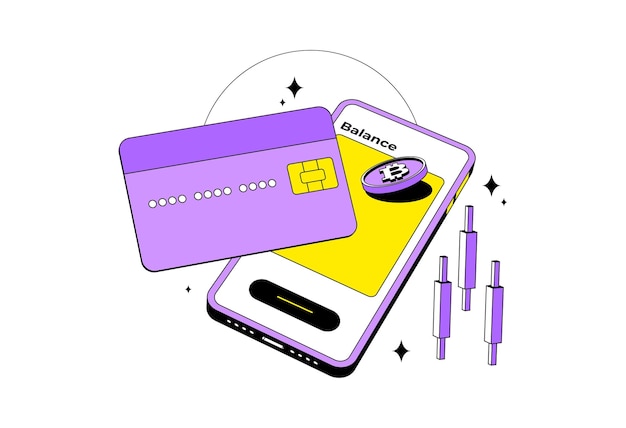 Vector crypto-creditcard met mobiele bitcoin en kandelaar geïsoleerde cryptocurrency digitale portemonnee