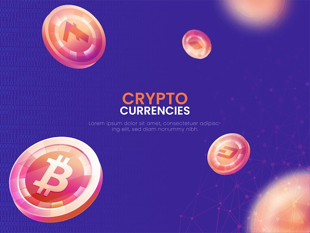 Crypto Currencies Concept Based Poster Design Decorated With 3D Coins Illustration.