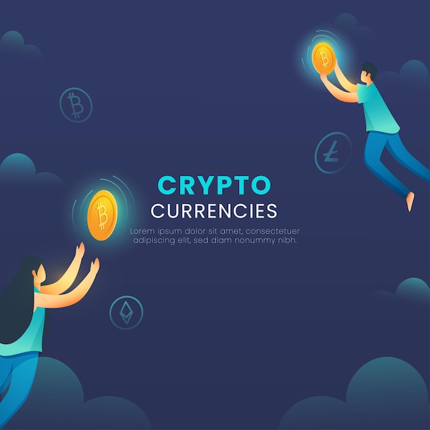 Концепция криптовалют с мультфильм молодой мужчина и женщина, ловить золотой биткойн на синем фоне.