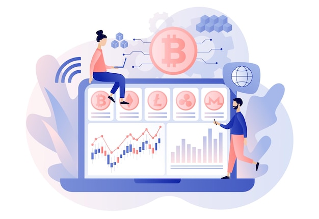 crypto currency bitcoin altcoin tiny people trading and investing use laptop digital web money