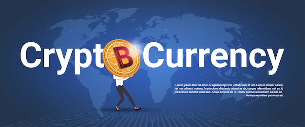 Crypto currency horizontal banner man holding golden bitcoin over world map background