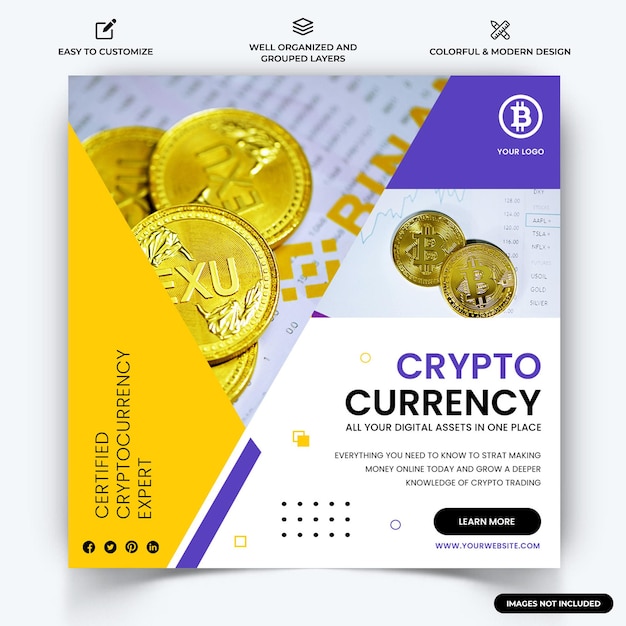 Crypto Currency Instagram 소셜 미디어 게시물 웹 배너 템플릿 벡터 프리미엄