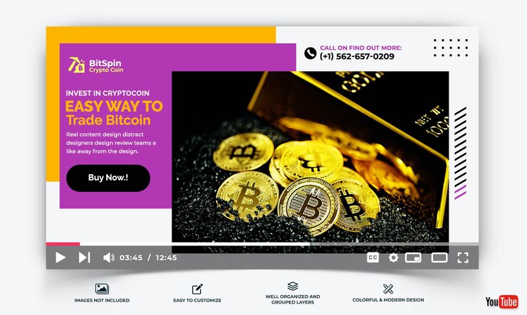 Vector crypto currency youtube thumbnail template vector premium