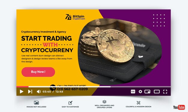 Vettore crypto currency youtube thumbnail template vector premium