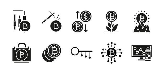 暗号アイコンセット ブラック ビットコインとブロックチェーン グリフコレクション デジタル通貨ベクトルシルエット