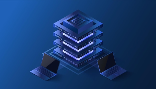 Vector crypto isometric illustration mining technology concept laptops connected with blockchain server