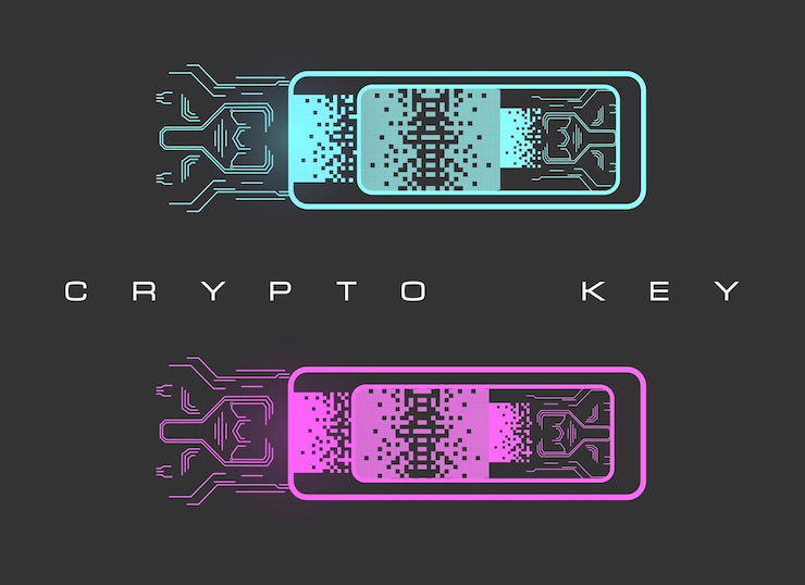 Vector crypto keys management icons digital graphic symbols private keys for cryptocurrency global
