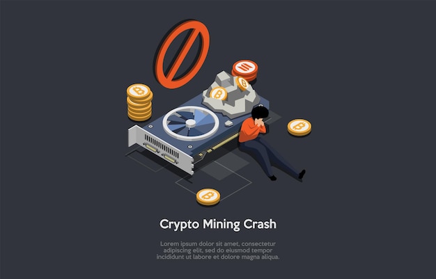 Crypto mining crash blockchain technology digital money exchange rates falling cost of electricity rising bear market un profitability of cryptocurrency mining isometric 3d vector illustration