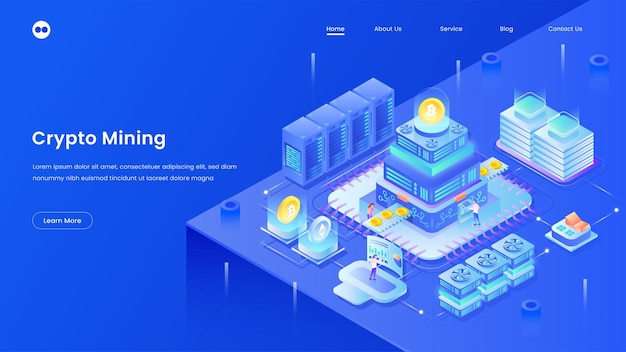 Crypto mining illustration on blue background landing page