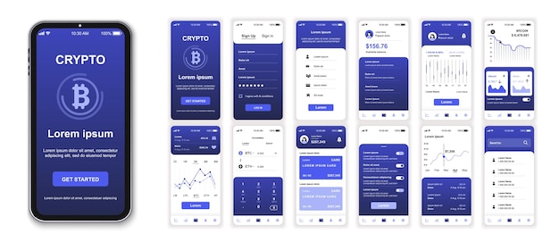 Vector crypto mobiele app interface schermen sjabloon set online account financiële analyse inkomsten grafiek valutawisselplatform pack van ui ux gui kit voor applicatie web layout vector ontwerp