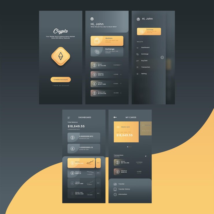 Vector crypto mobile app ui screens including like as create account