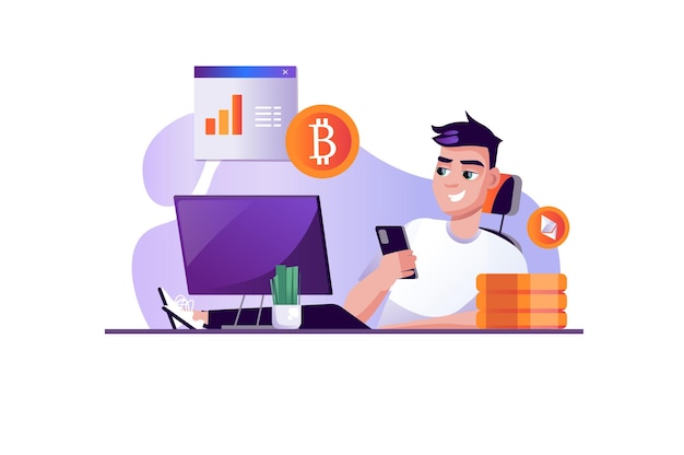 Vector crypto purple concept with people scene in the flat cartoon style