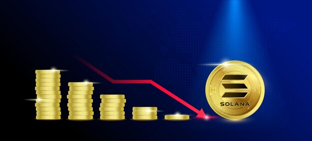 Crypto Solana (SOL) Stablecoin blockchain token prijsdaling van stapel gouden munten cryptocurrency.