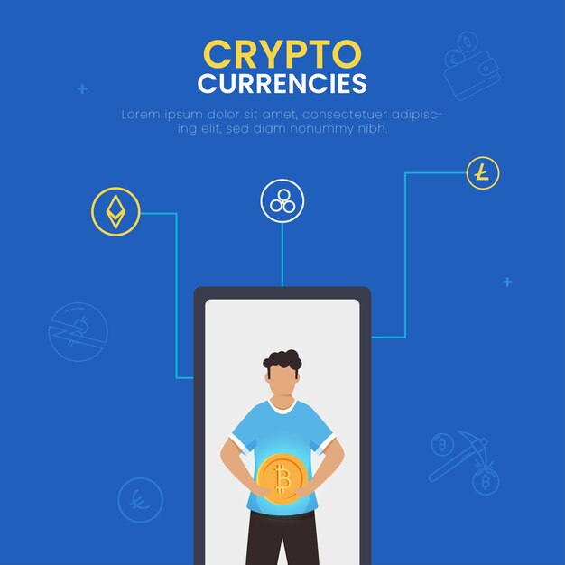 Crypto valuta concept gebaseerd posterontwerp met man met bitcoin over smartphone scherm illustratie.