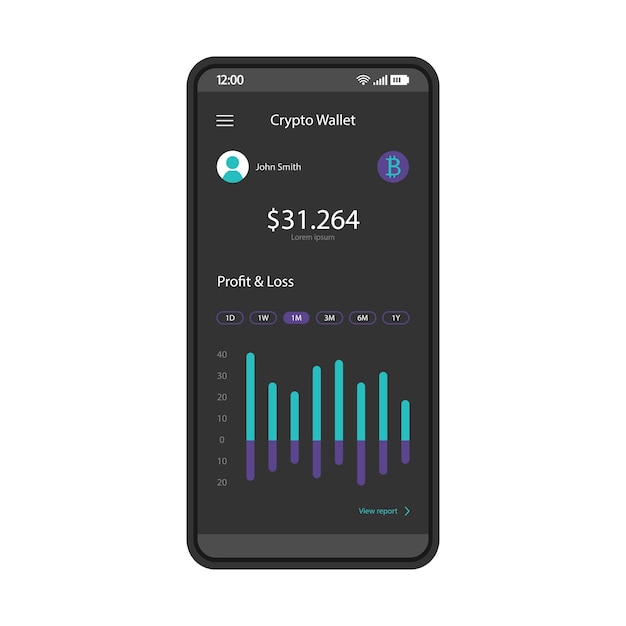 Modello vettoriale dell'interfaccia dello smartphone dell'app del portafoglio di criptovalute piattaforma di trading e scambio di criptovalute layout del design della pagina dell'applicazione mobile schermata delle statistiche finanziarie e dell'equilibrio di mercato interfaccia utente piatta