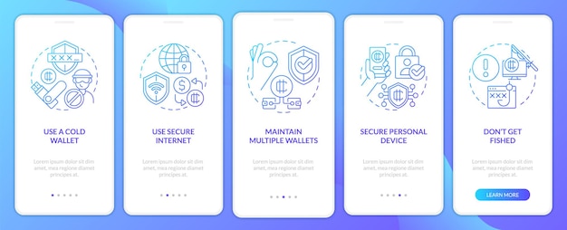 Crypto wallet security blue gradient onboarding mobile app screen