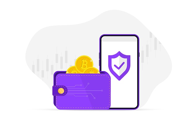 Illustrazione vettoriale del portafoglio crittografico con smartphone mobile tecnologia del portafogli digitale per la criptovaluta bitcoin concetto di epayment illustrazione vettoriale del trasferimento di denaro internazionale