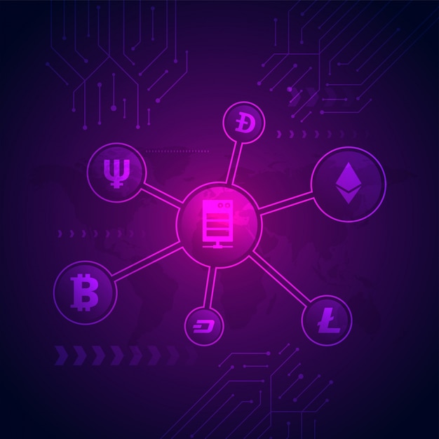 Вектор cryptocurrencies на блестящем фиолетовом фоне.