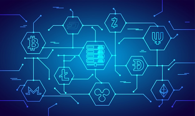 Vector cryptocurrencies pattern on blue background