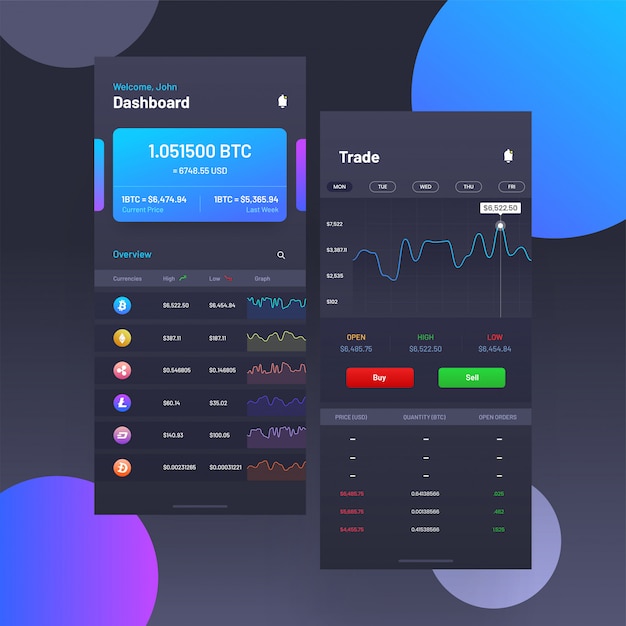 Cryptocurrencies trading e scambio ui per le app mobili.