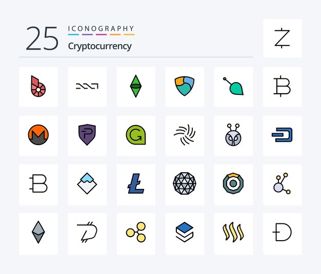 Cryptocurrency 25 Line Filled icon pack inclusief munt cryptovaluta ethereum crypto nem