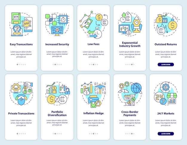 Adozione di criptovaluta onboarding set di schermate di app mobili procedura dettagliata per la crittografia digitale 5 passaggi pagine di istruzioni grafiche con concetti lineari modello gui ui ux myriad probold font regolari utilizzati