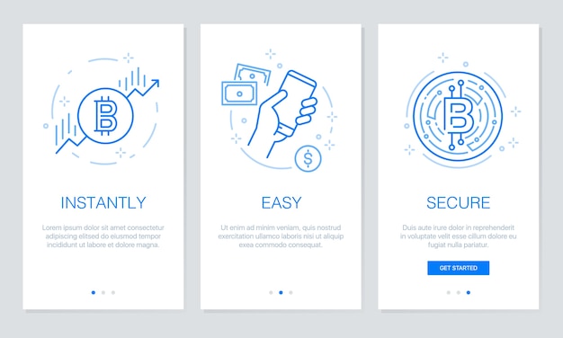 암호 화폐 및 블록 체인 개념 온 보딩. 모바일에 대한 현대 연습 템플릿