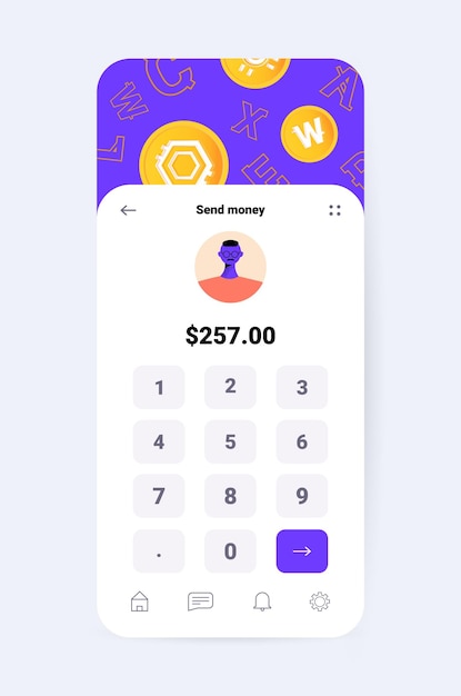 Дизайн приложения криптовалюты приложение виртуальных денежных переводов на экране смартфона банковская транзакция концепция цифровой валюты вертикальные векторные иллюстрации