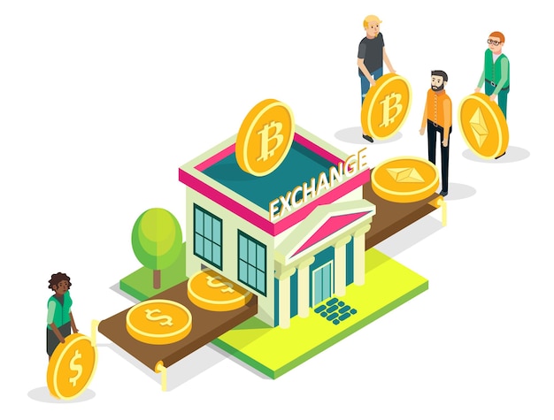 Cryptocurrency beurs marktplaats platform platte vector isometrische illustratie