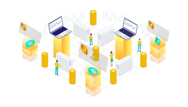 Cryptocurrency bitcoin blockchain 마이닝 기술 인터넷 IoT 보안 모바일 대시 보드 아이소 메트릭 3d 평면 그림