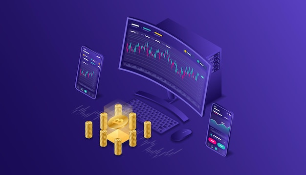 Vector cryptocurrency, bitcoin, blockchain, mining, technology, internet iot, security, responsive dashboard isometric  illustration  cpu computer