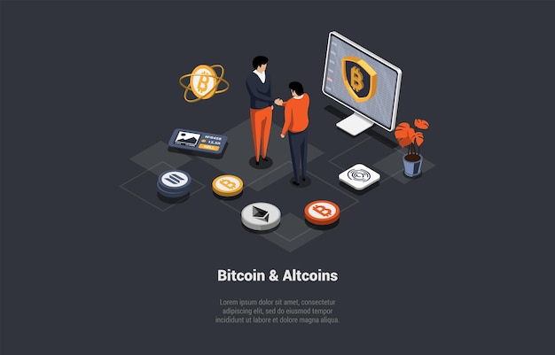 Vector cryptocurrency bitcoin en altcoins transactie blockchain-technologie en cryptocurrency mining characters succesvolle deal gemaakt met behulp van crypto voor betaling isometrische 3d cartoon vector illustratie