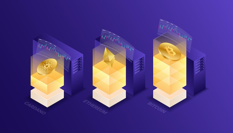Vector cryptocurrency, bitcoin, ethereum, cardano, blockchain, mining, technology, internet iot, security, isometric  illustration  cpu computer