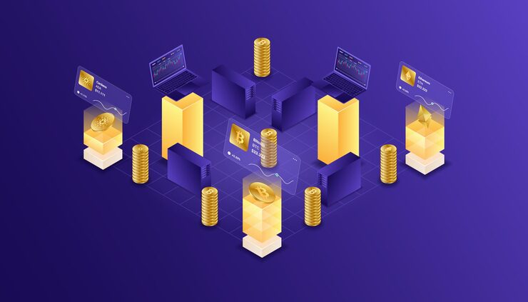 Vector cryptocurrency, bitcoin, ethereum, cardano, blockchain, mining, technology, internet iot, security, web dashboard isometric  illustration  cpu computer