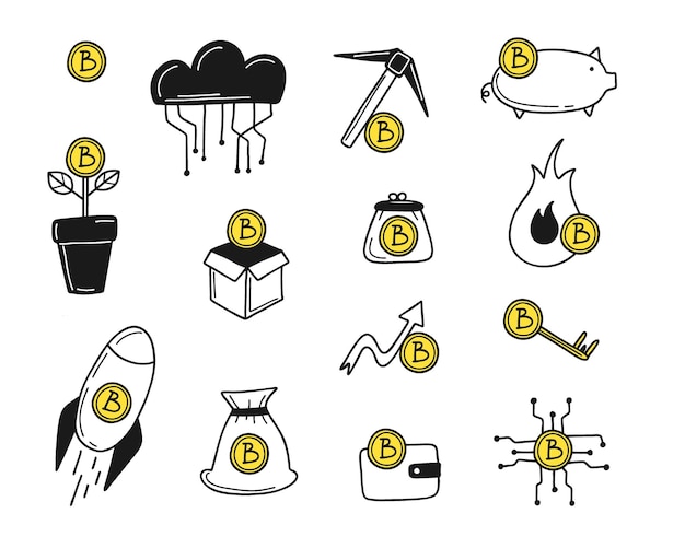 Cryptocurrency bitcoin icons set line financial objects outline crypto coins blockchain technology mining exchange and groth wallet investment symbol vector isolated doodle illustration